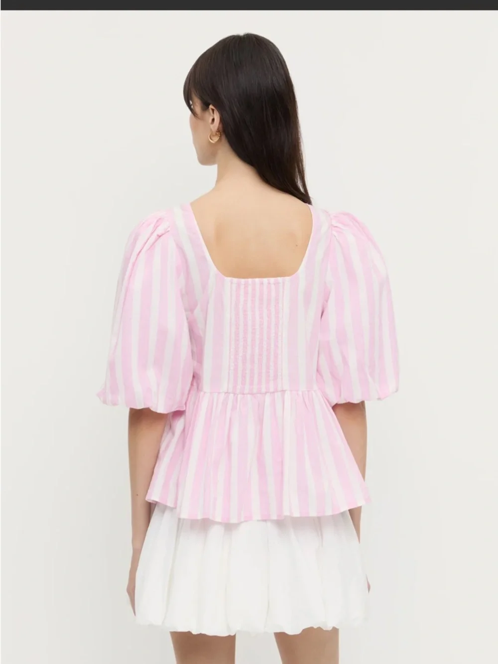 Loeffler Randall Pink and White Striped Puff-Sleeve Peplum Blouse - Picture 2 of 3